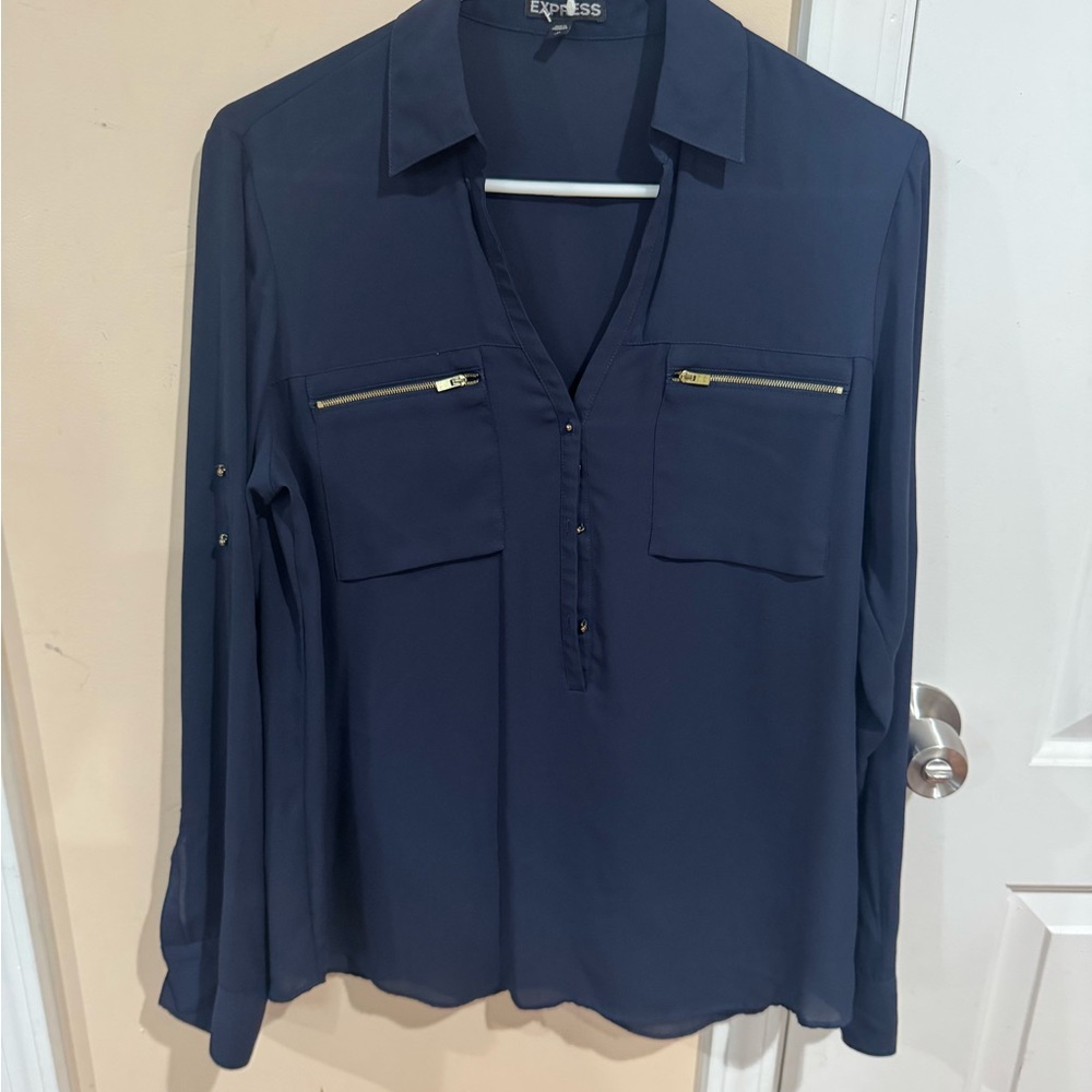Express Women's Navy Blouse with Gold Zipper Details